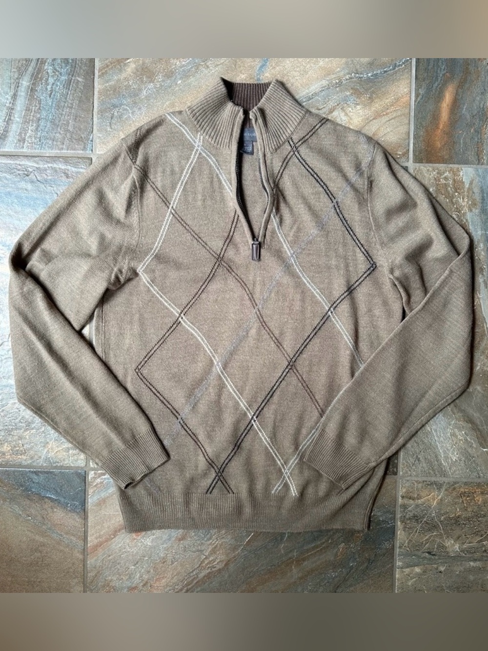 Tricots St Raphael Men's Zip Up Argyle Sweater Brown Size Small